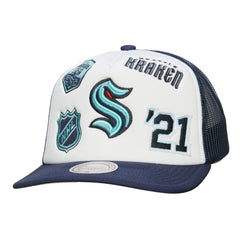Seattle Kraken Mitchell & Ness Gridlock Trucker Adjustable Hat White/Deep Sea Blue