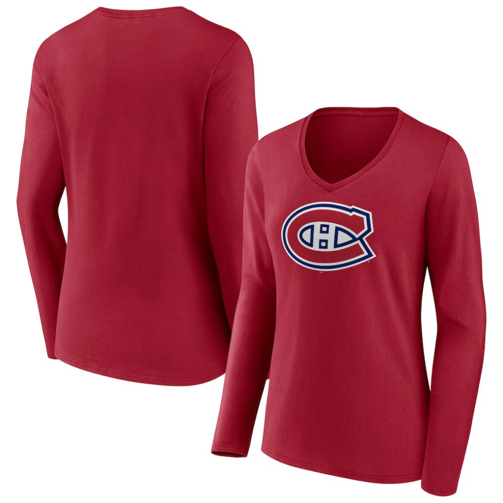 Montreal Canadiens - Women's Primary Logo Long Sleeve V-Neck T-Shirt Red
