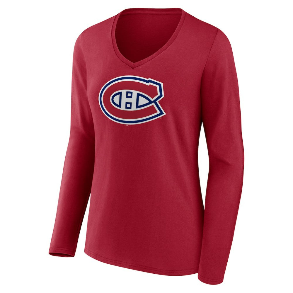 Montreal Canadiens - Women's Primary Logo Long Sleeve V-Neck T-Shirt Red