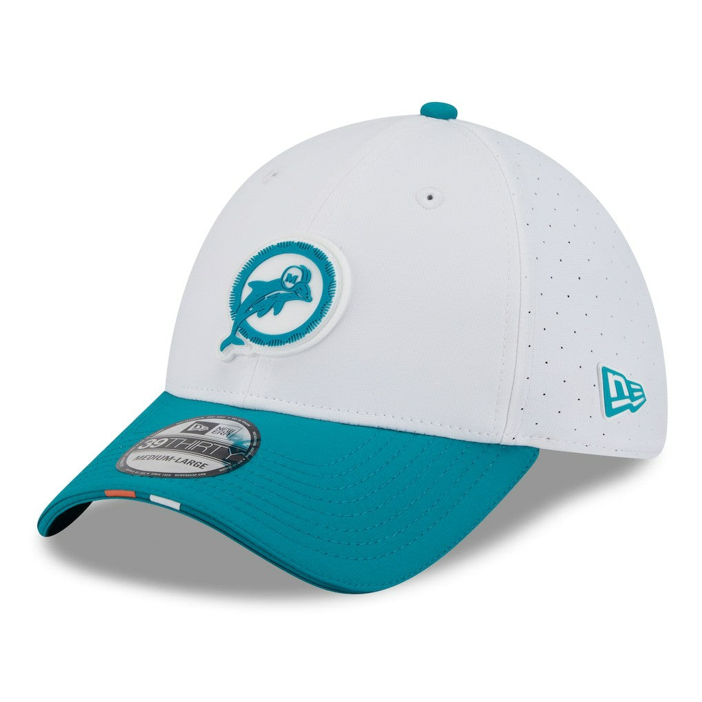 Miami Dolphins New Era 2025 NFL Training Camp Throwback Logo 39THIRTY Flex Hat White/Aqua - NFL