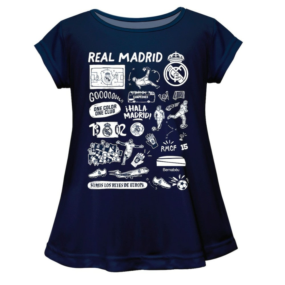 Real Madrid Vive La Fete Girls Youth Impressions Artwork A-Line Top - Navy