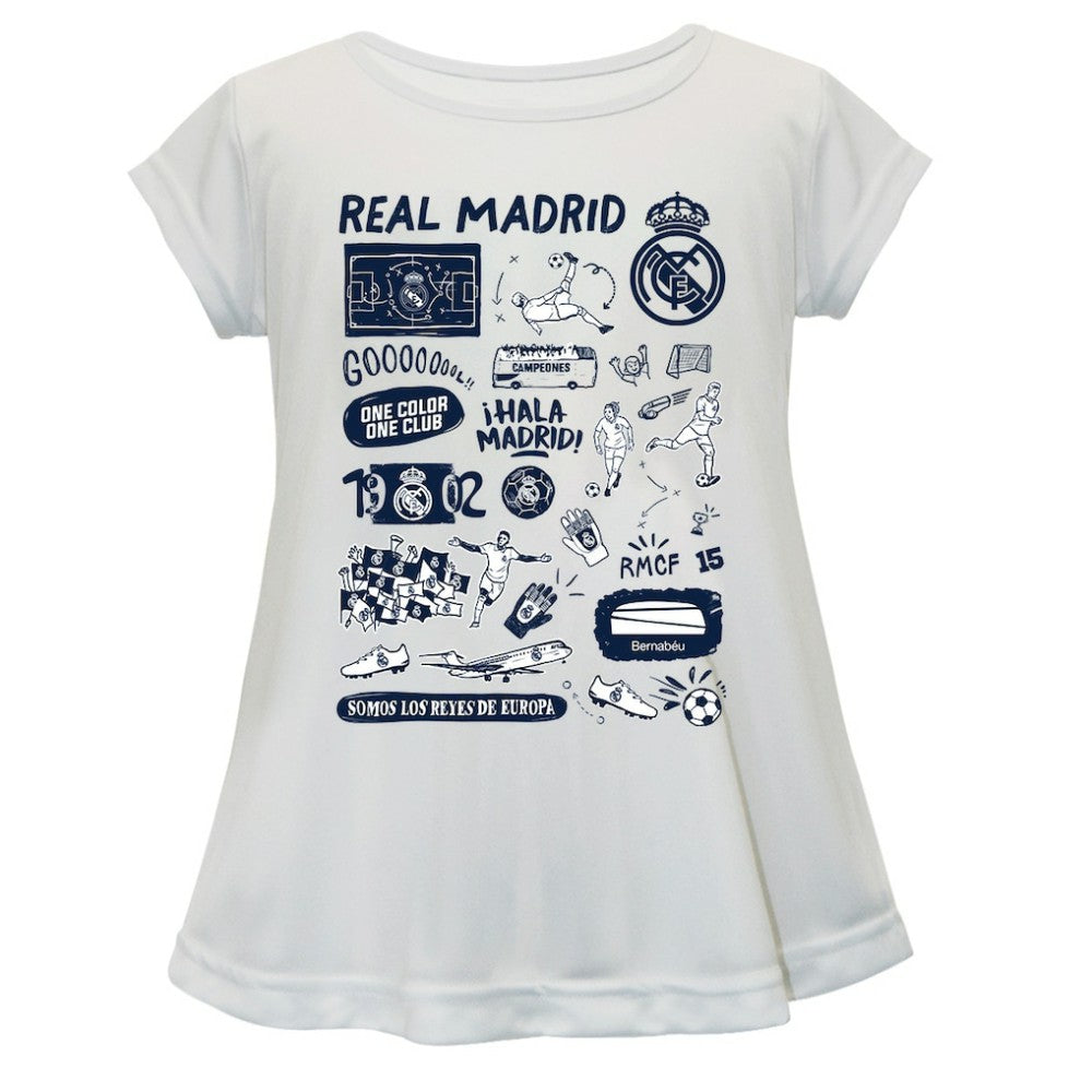 Real Madrid Vive La Fete Girls Youth Impressions Artwork A-Line Top - White