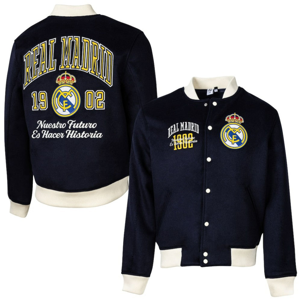 Real Madrid Sport Design Sweden Free Kick Wool Varsity Jacket - Navy
