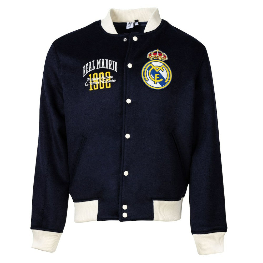 Real Madrid Sport Design Sweden Free Kick Wool Varsity Jacket - Navy