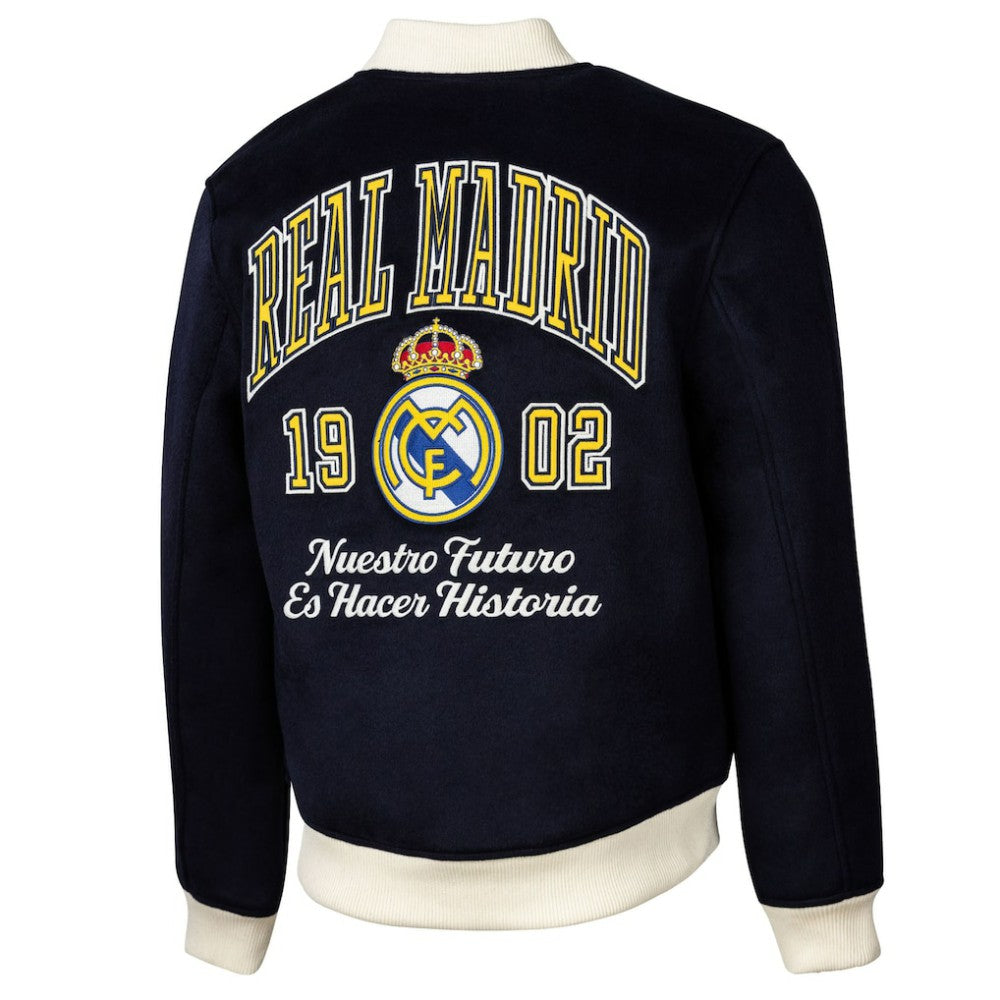 Real Madrid Sport Design Sweden Free Kick Wool Varsity Jacket - Navy