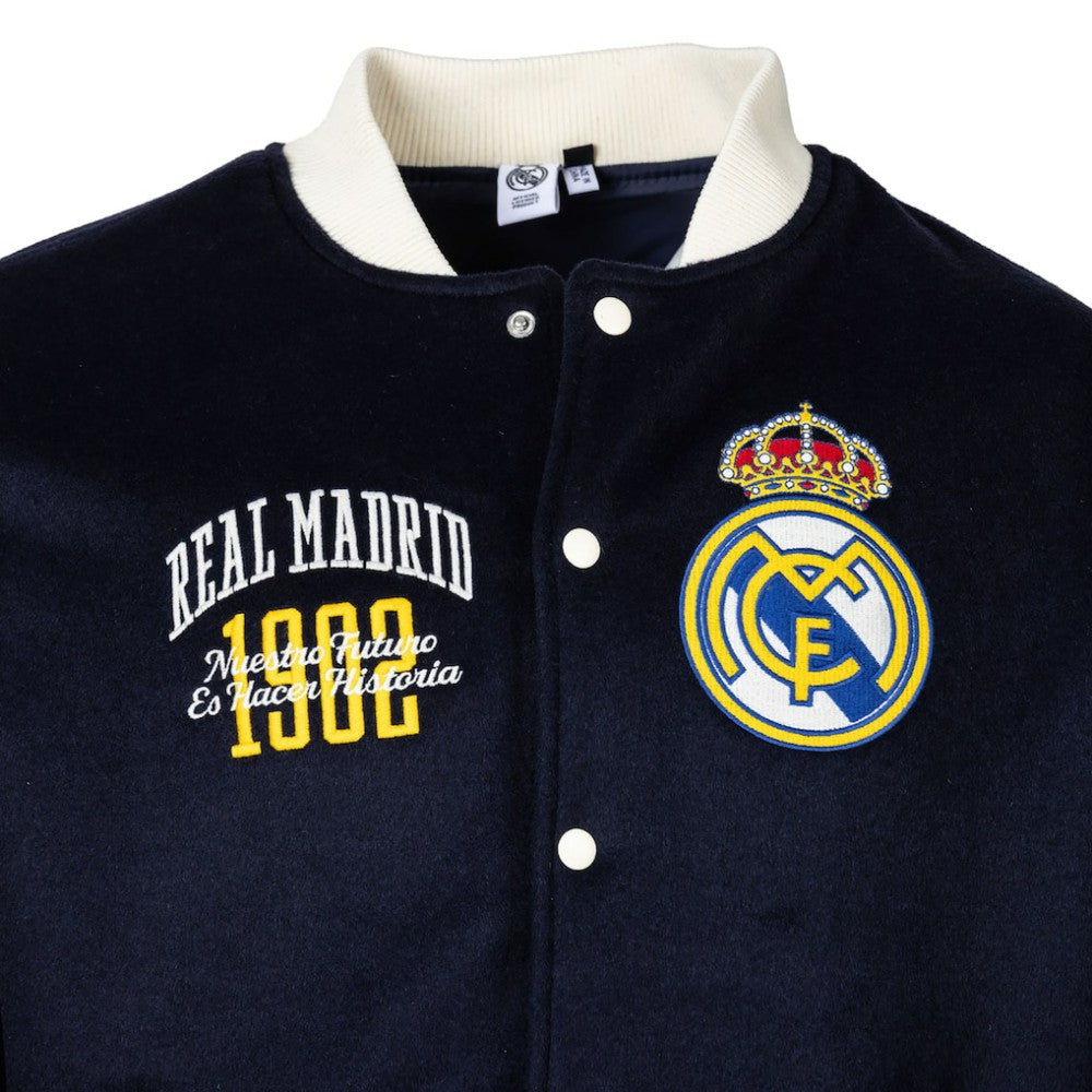 Real Madrid Sport Design Sweden Free Kick Wool Varsity Jacket - Navy