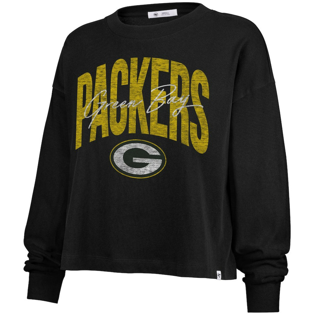 Green Bay Packers '47 Women's Muse Sydney Long Sleeve Cropped T-Shirt Black - 47 brand