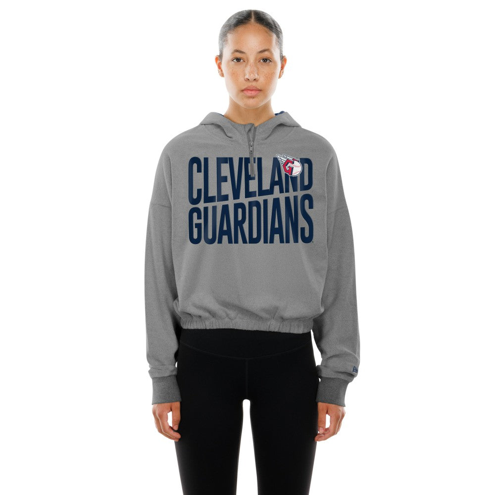 Cleveland Guardians New Era Women's Reversed Out French Terry Quarter-Zip Banded Crop Hoodie Clearance