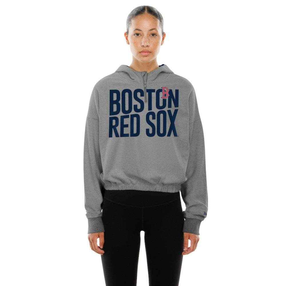 Boston Red Sox New Era Women's Reversed Out French Terry Quarter-Zip Banded Crop Hoodie On Sale
