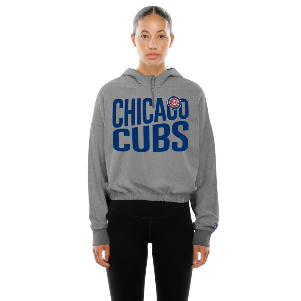 Chicago Cubs New Era Women's Reversed Out French Terry Quarter-Zip Banded Crop Hoodie for sale