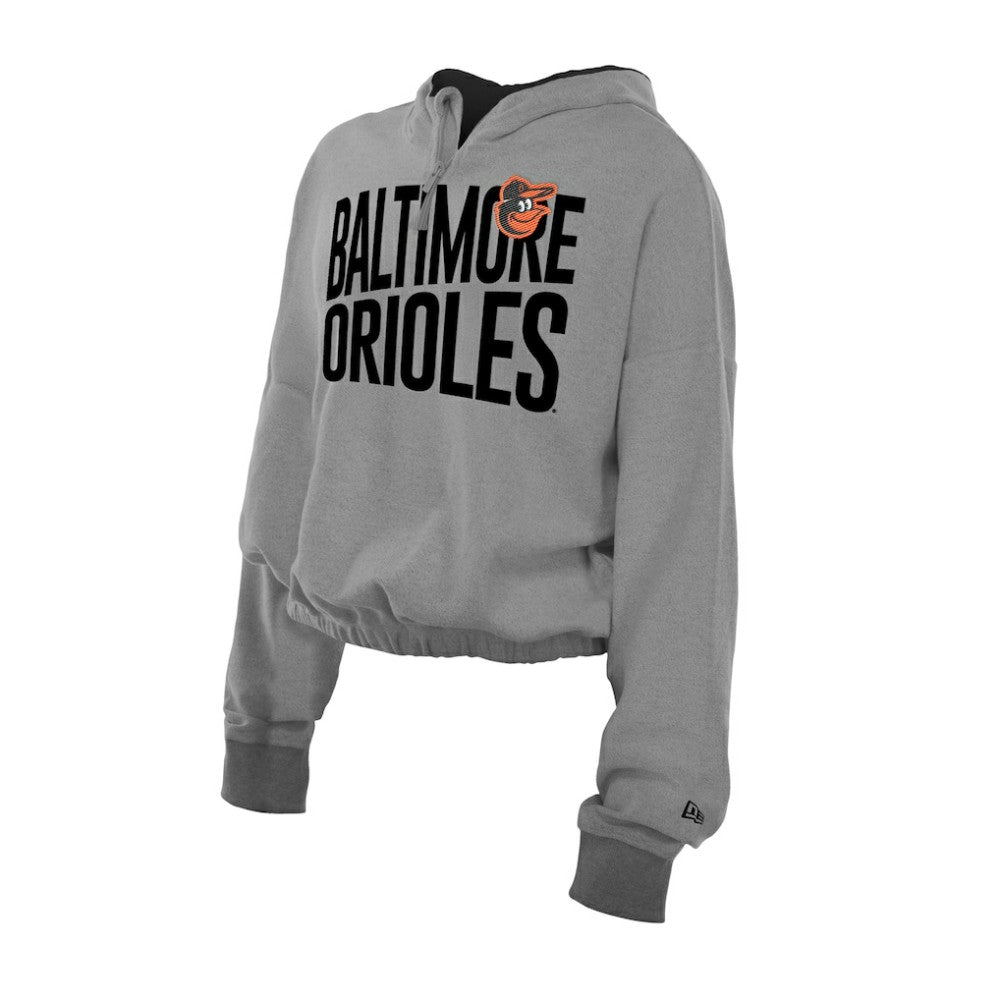 Baltimore Orioles New Era Women's Reversed Out French Terry Quarter-Zip Banded Crop Hoodie On Sale