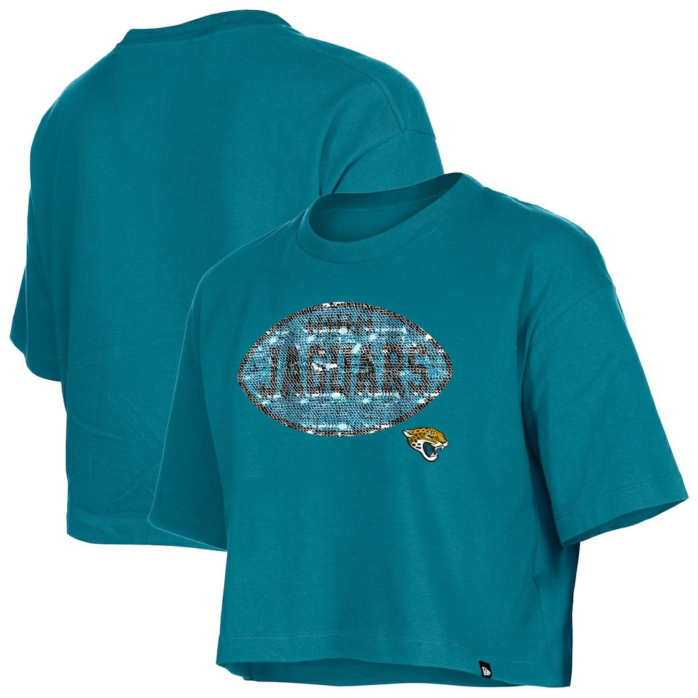 Jacksonville Jaguars New Era Girl's Flip Sequin Boxy T-Shirt Teal - NFL
