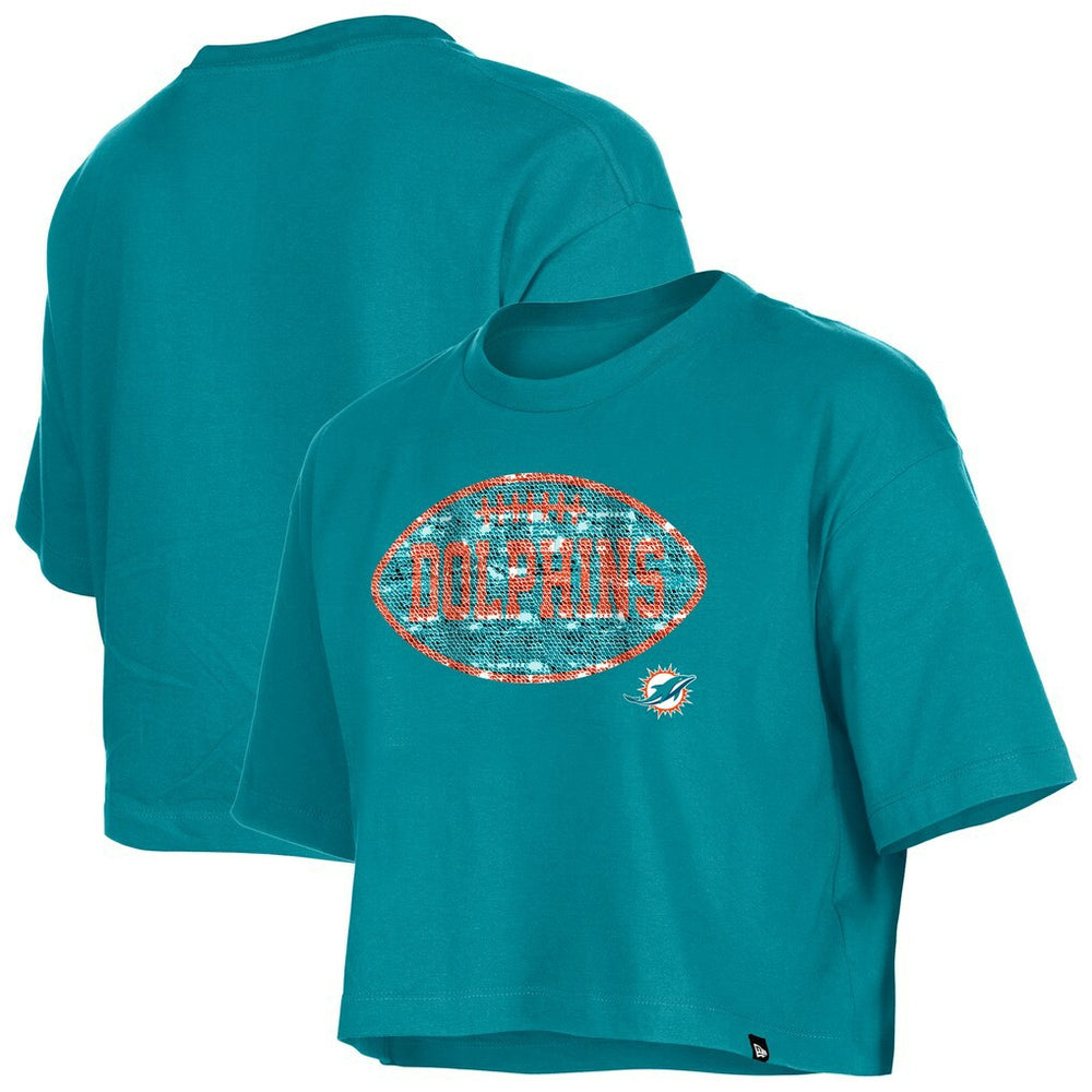 Miami Dolphins New Era Girl's Flip Sequin Boxy T-Shirt Aqua - NFL