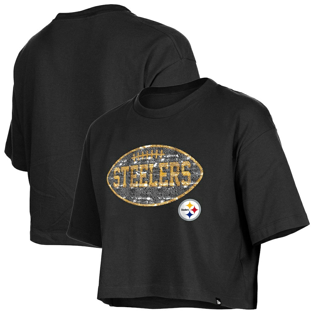 Pittsburgh Steelers New Era Girl's Flip Sequin Boxy T-Shirt Black - NFL