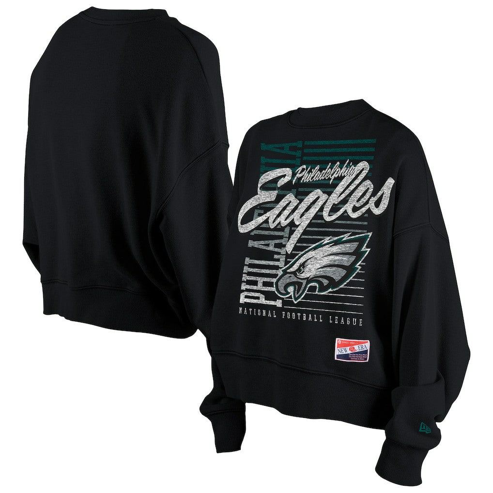 Philadelphia Eagles New Era Women's Oversized Throwback Mineral Wash Crew Neck Sweatshirt Black - NFL