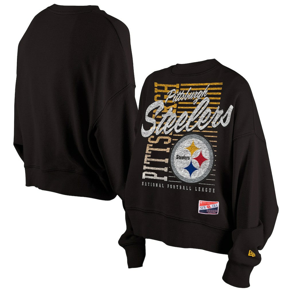 Pittsburgh Steelers New Era Women's Oversized Throwback Mineral Wash Crew Neck Sweatshirt Black - NFL