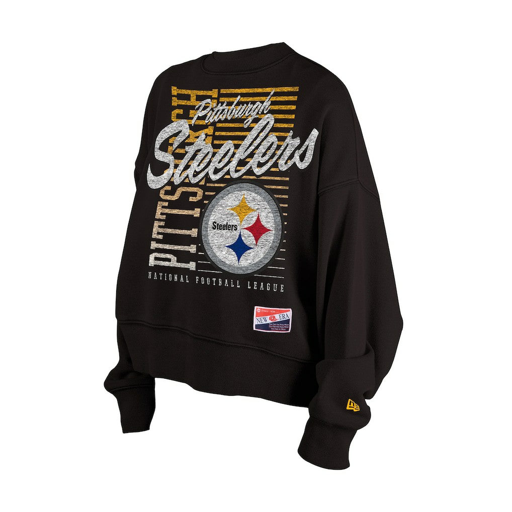 Pittsburgh Steelers New Era Women's Oversized Throwback Mineral Wash Crew Neck Sweatshirt Black - NFL