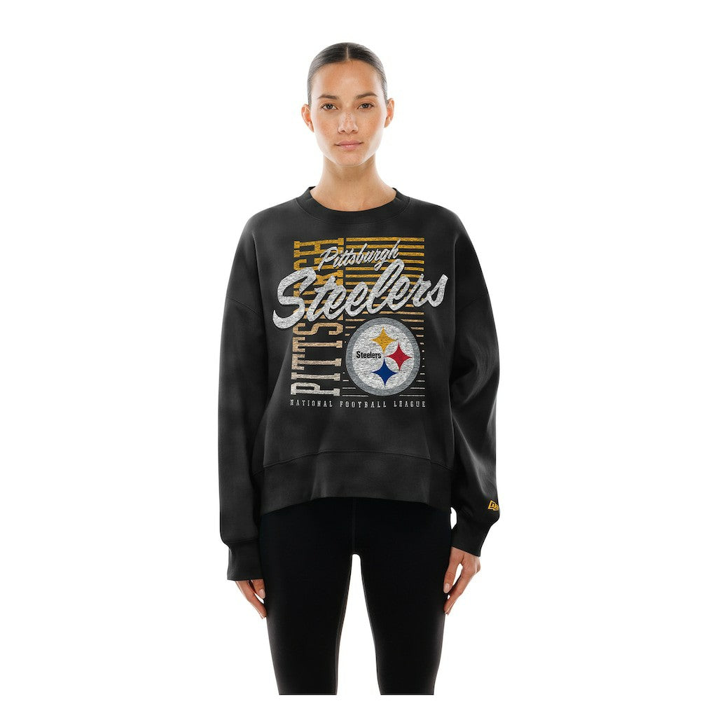 Pittsburgh Steelers New Era Women's Oversized Throwback Mineral Wash Crew Neck Sweatshirt Black - NFL