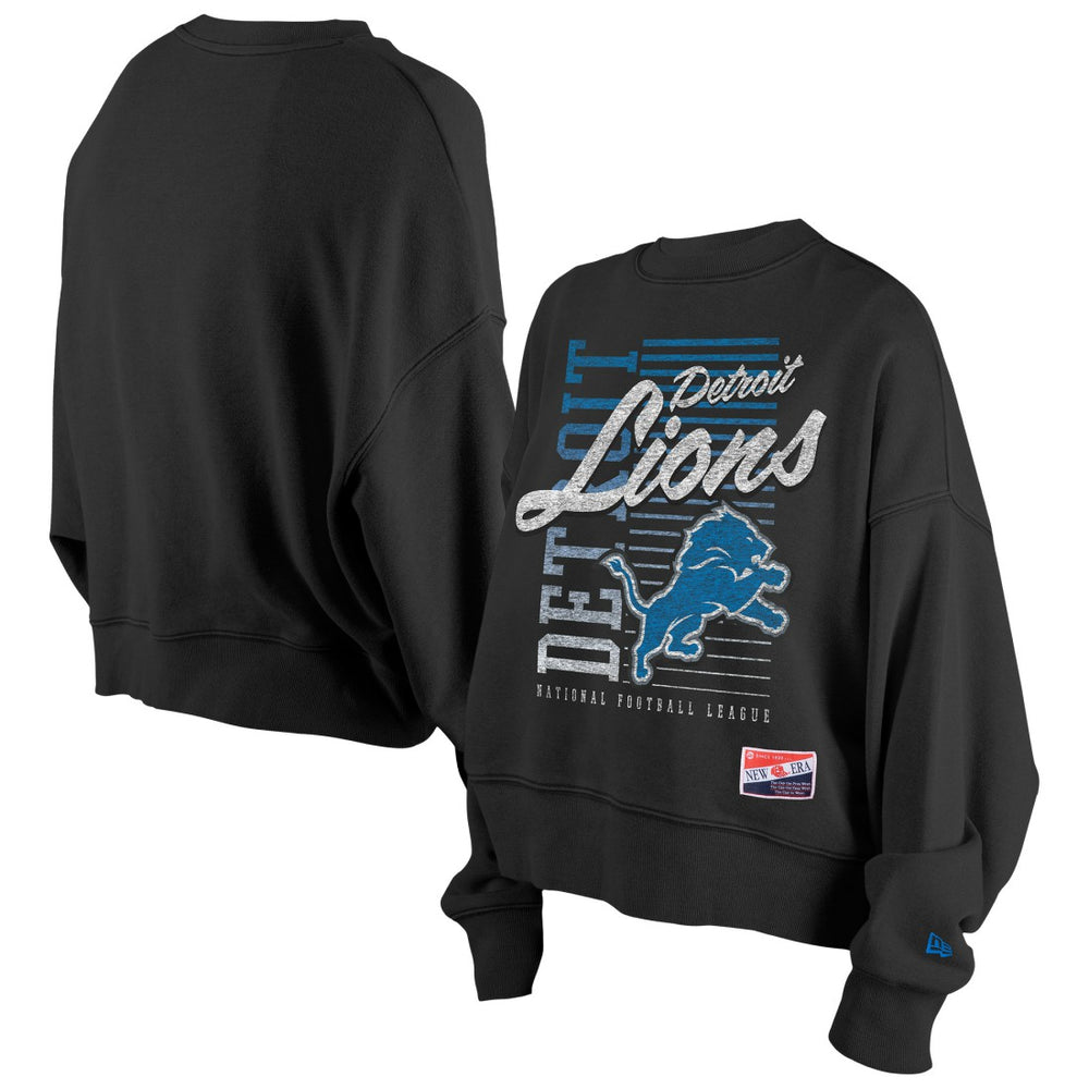 Detroit Lions New Era Women's Oversized Throwback Mineral Wash Crew Neck Sweatshirt Black - NFL