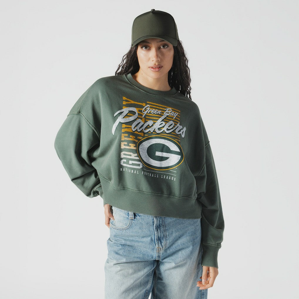 Green Bay Packers New Era Women's Oversized Throwback Mineral Wash Crew Neck Sweatshirt Green - NFL