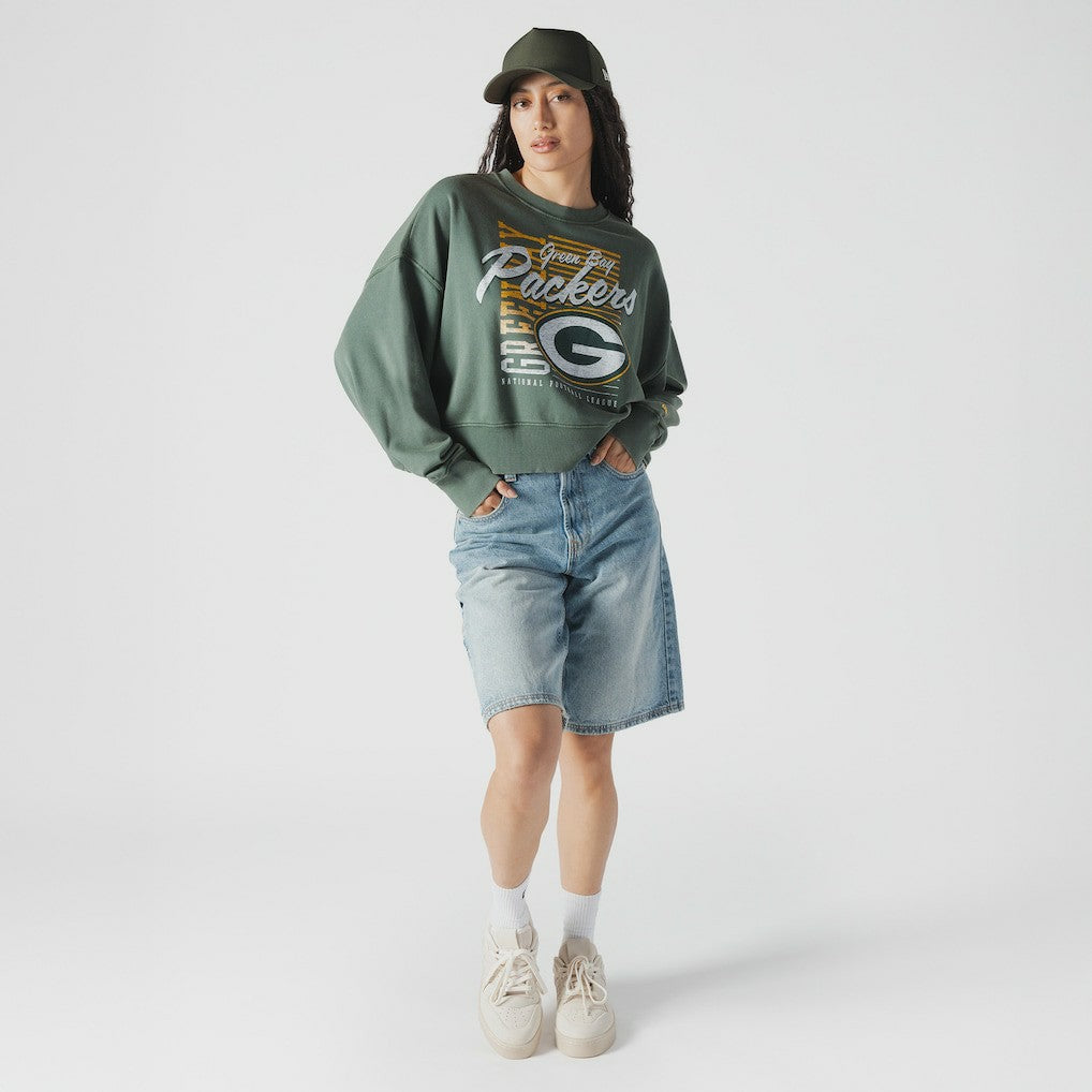 Green Bay Packers New Era Women's Oversized Throwback Mineral Wash Crew Neck Sweatshirt Green - NFL