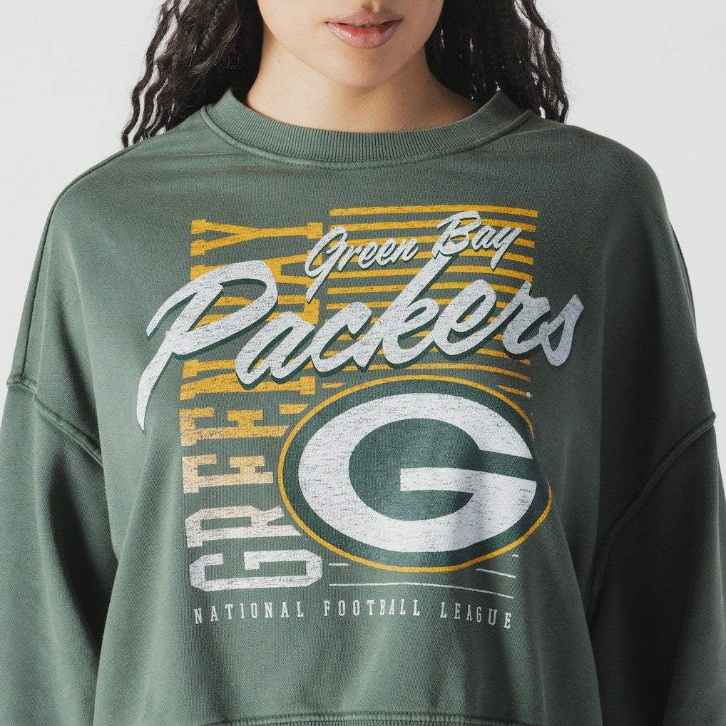 Green Bay Packers New Era Women's Oversized Throwback Mineral Wash Crew Neck Sweatshirt Green - NFL