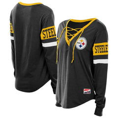 Pittsburgh Steelers New Era Women's Throwback Lace-Up Long-Sleeve T-Shirt Black - NFL