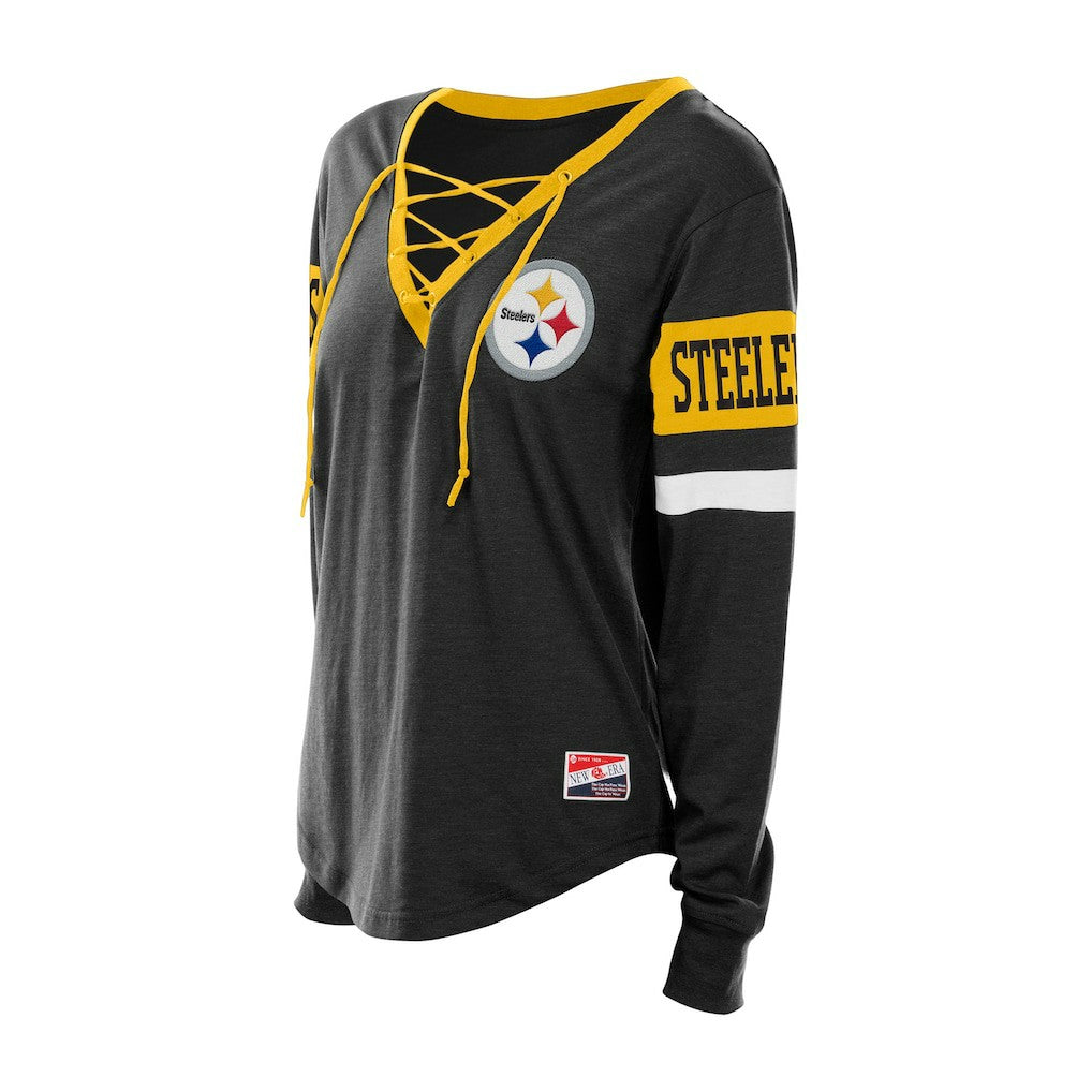 Pittsburgh Steelers New Era Women's Throwback Lace-Up Long-Sleeve T-Shirt Black - NFL
