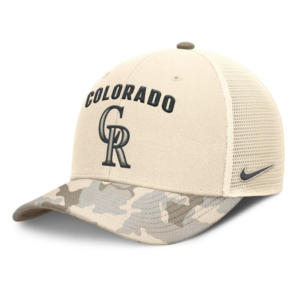Colorado Rockies Nike Camo Natural Pack Rise Adjustable Trucker Hat Clearance