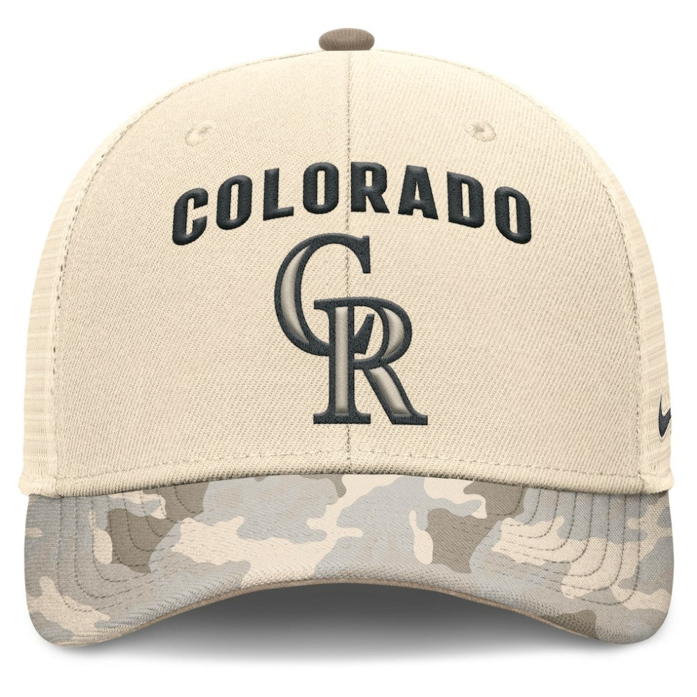 Colorado Rockies Nike Camo Natural Pack Rise Adjustable Trucker Hat Clearance