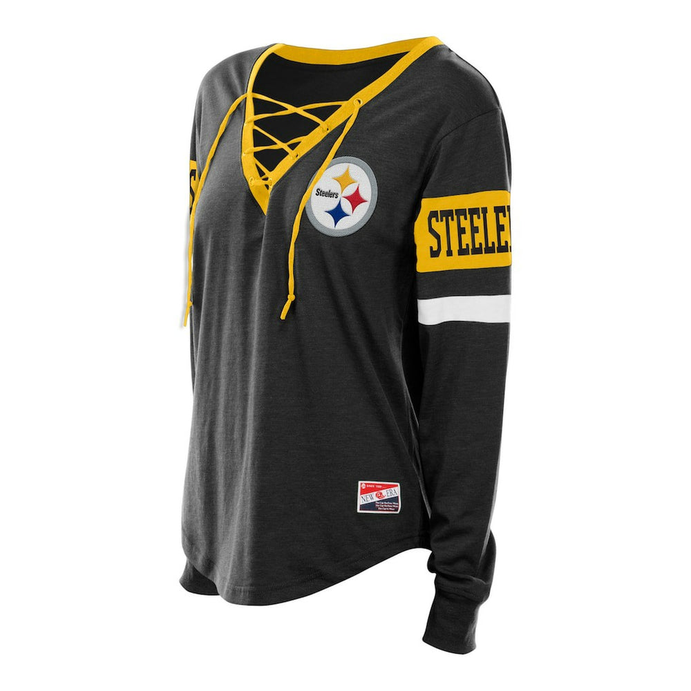 Pittsburgh Steelers New Era Women's Plus Size Throwback Lace-Up Long Sleeve T-Shirt Black - NFL