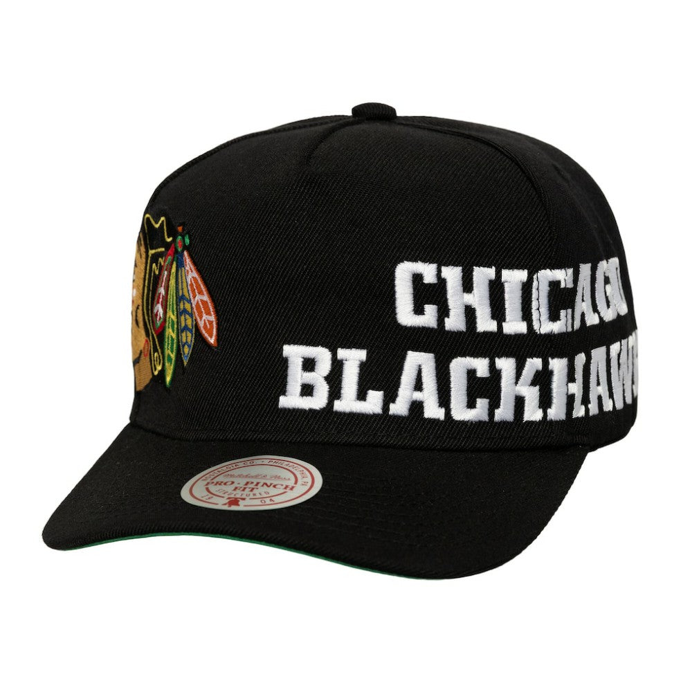 Chicago Blackhawks Mitchell & Ness Busted Logo Wordmark Wrap Around Pro Pinch Adjustable Hat Black