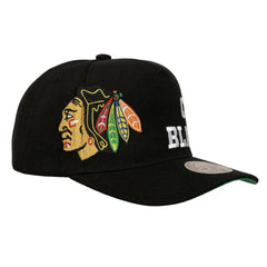 Chicago Blackhawks Mitchell & Ness Busted Logo Wordmark Wrap Around Pro Pinch Adjustable Hat Black