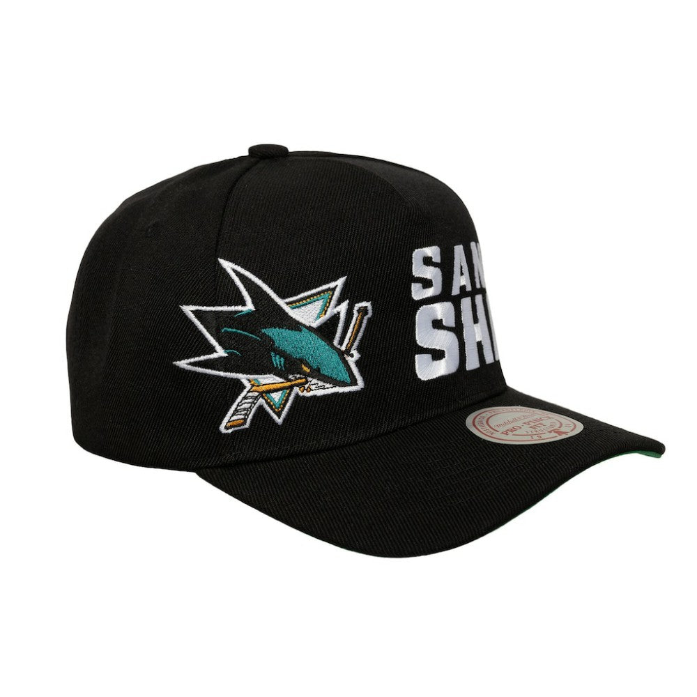 San Jose Sharks - Mitchell & Ness Busted Logo Wordmark Wrap-Around Pro Pinch Adjustable Hat Black