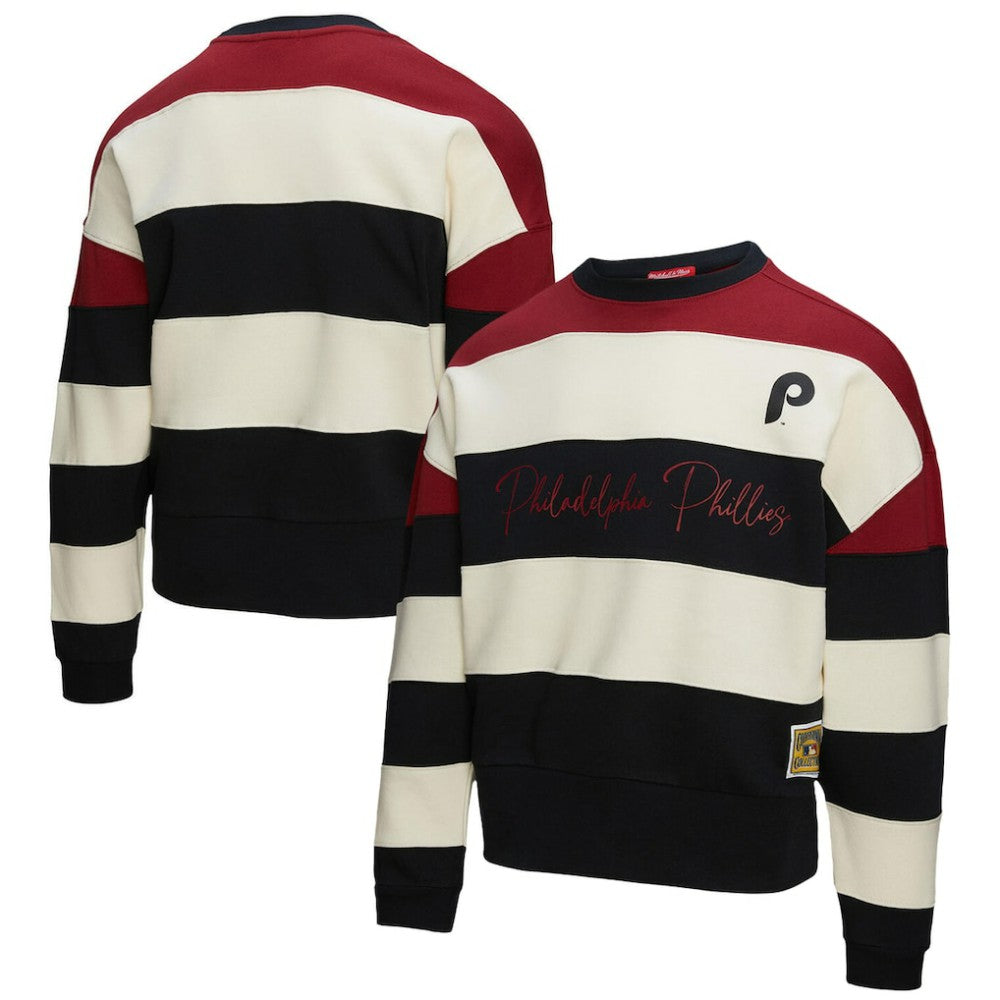 Philadelphia Phillies Mitchell & Ness Women's Cooperstown Collection Blocked Fleece Pullover Sweatshirt- Burgundy/Black Near Me