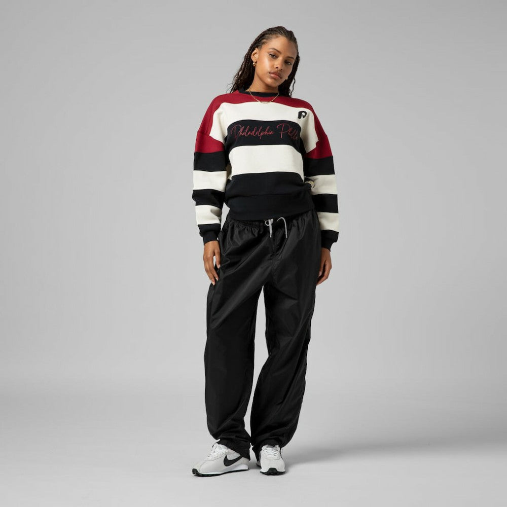 Philadelphia Phillies Mitchell & Ness Women's Cooperstown Collection Blocked Fleece Pullover Sweatshirt- Burgundy/Black Near Me