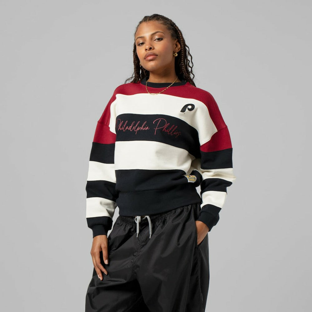 Philadelphia Phillies Mitchell & Ness Women's Cooperstown Collection Blocked Fleece Pullover Sweatshirt- Burgundy/Black Near Me
