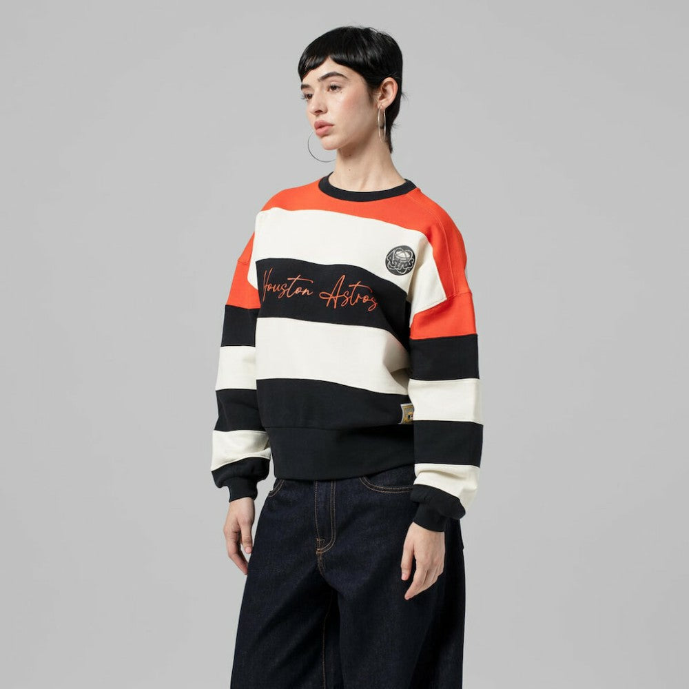 Houston Astros Mitchell & Ness Women's Cooperstown Collection Blocked Fleece Pullover Sweatshirt- Orange/Black Clearance