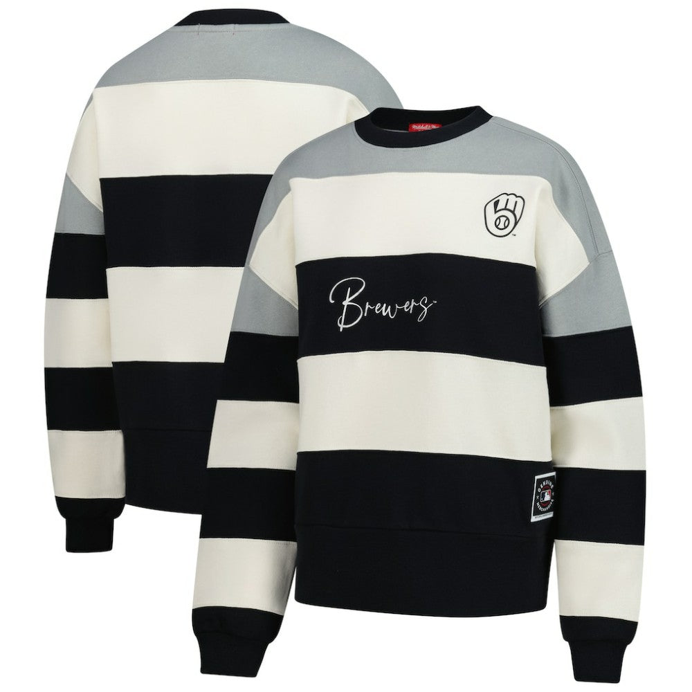 Milwaukee Brewers Mitchell & Ness Women's Cooperstown Collection Blocked Fleece Pullover Sweatshirt- Gray/Black On Sale