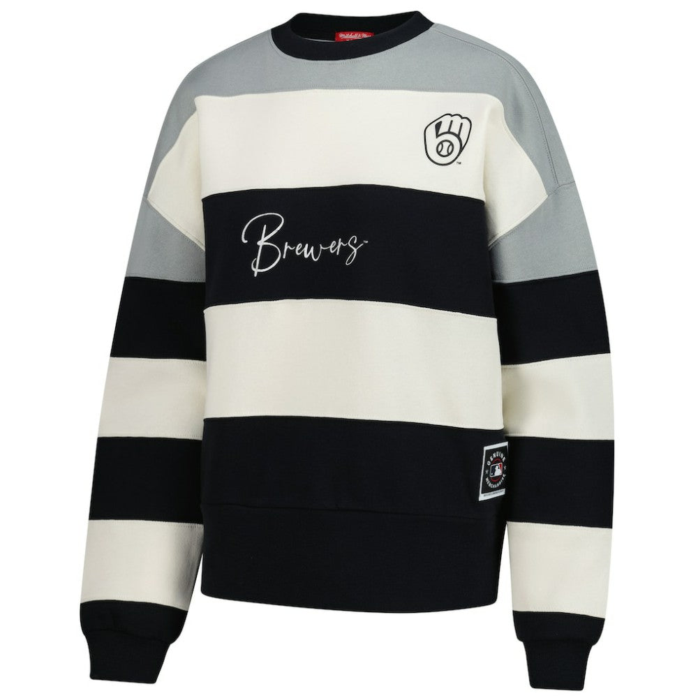 Milwaukee Brewers Mitchell & Ness Women's Cooperstown Collection Blocked Fleece Pullover Sweatshirt- Gray/Black On Sale