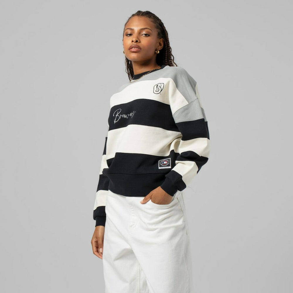 Milwaukee Brewers Mitchell & Ness Women's Cooperstown Collection Blocked Fleece Pullover Sweatshirt- Gray/Black On Sale