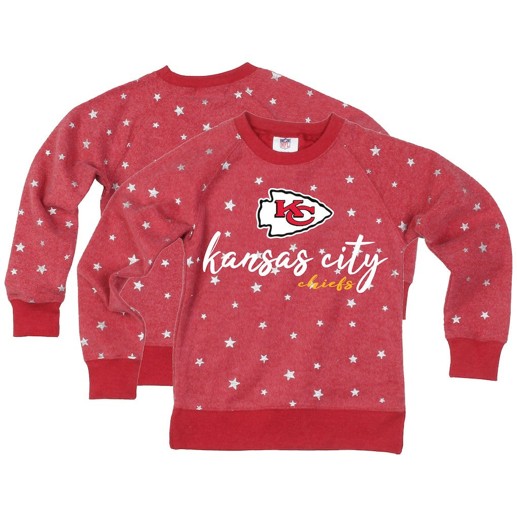 Kansas City Chiefs Wes & Willy Girls Youth Shimmer Star Reverse Fleece Pullover Sweatshirt Red - NFL