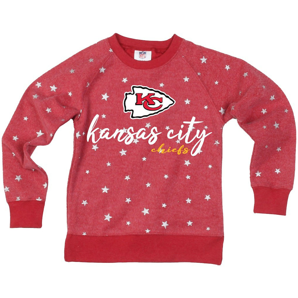 Kansas City Chiefs Wes & Willy Girls Youth Shimmer Star Reverse Fleece Pullover Sweatshirt Red - NFL
