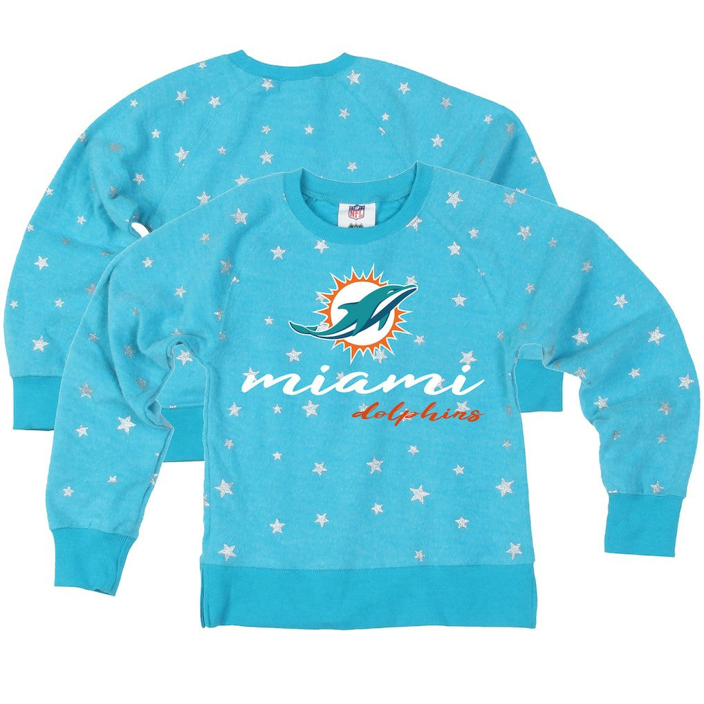 Miami Dolphins Wes & Willy Girls Youth Shimmer Star Reverse Fleece Pullover Sweatshirt Aqua - NFL