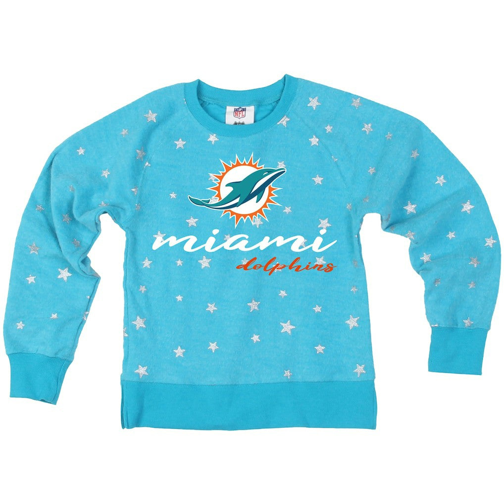 Miami Dolphins Wes & Willy Girls Youth Shimmer Star Reverse Fleece Pullover Sweatshirt Aqua - NFL