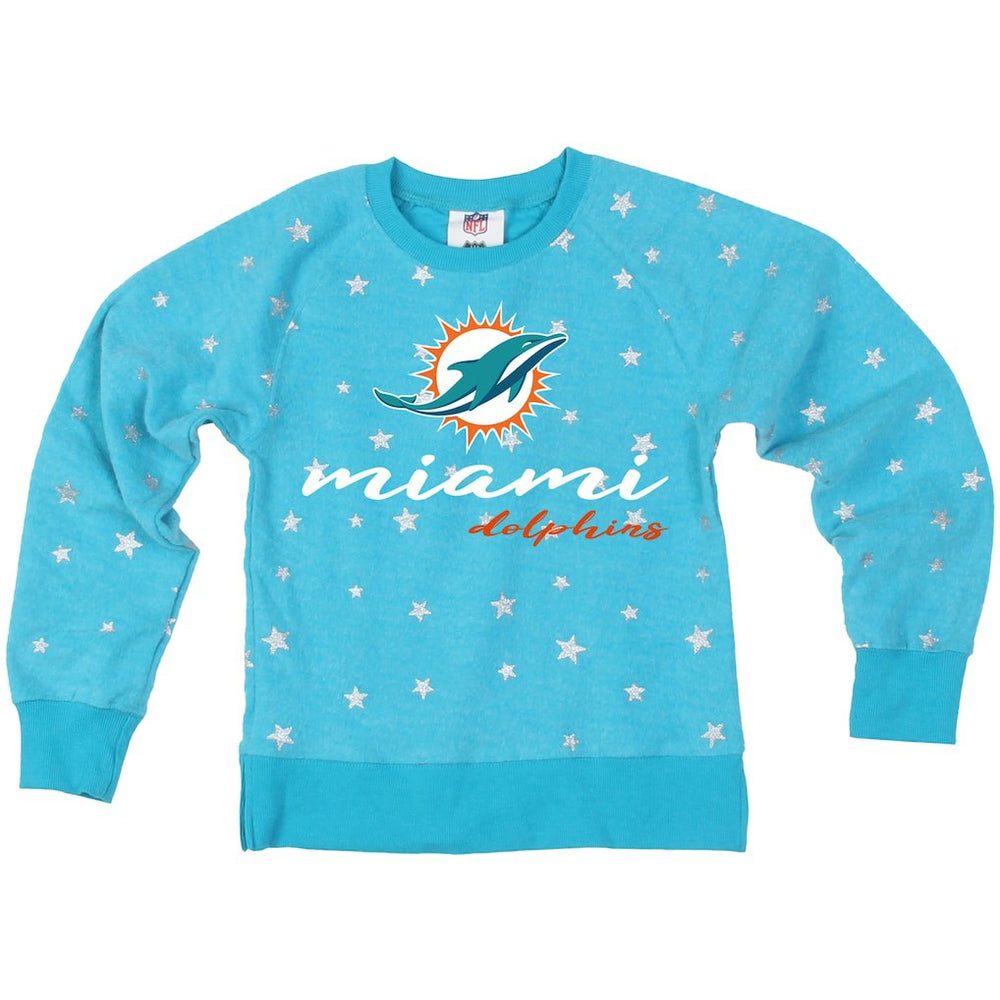 Miami Dolphins Wes & Willy Girls Youth Shimmer Star Reverse Fleece Pullover Sweatshirt Aqua - NFL
