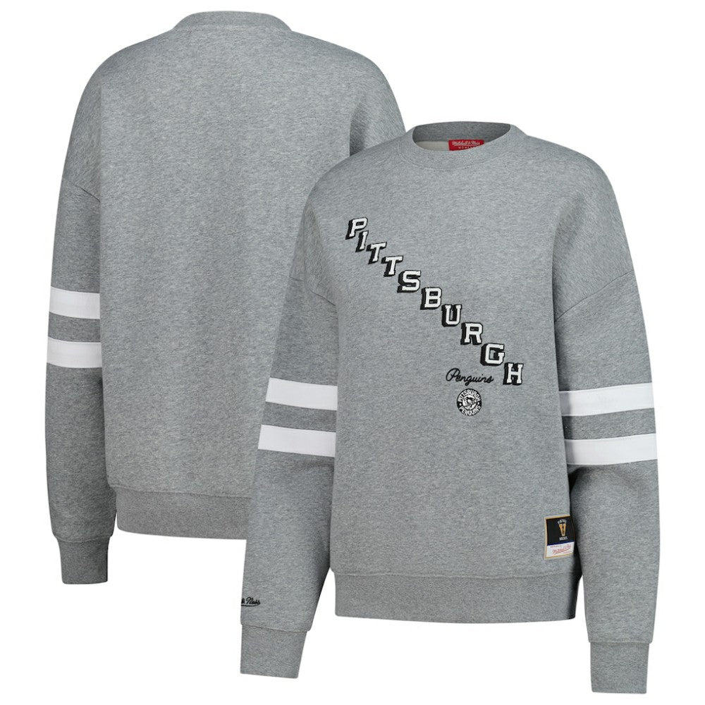 Pittsburgh Penguins Mitchell & Ness Women's Logo Lightweight Pullover Sweatshirt Heather Gray