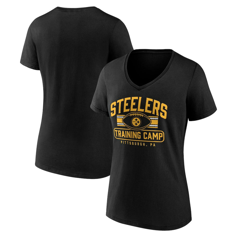 Pittsburgh Steelers Women's Training Camp Stripe V-Neck T-Shirt Black - Fanatics