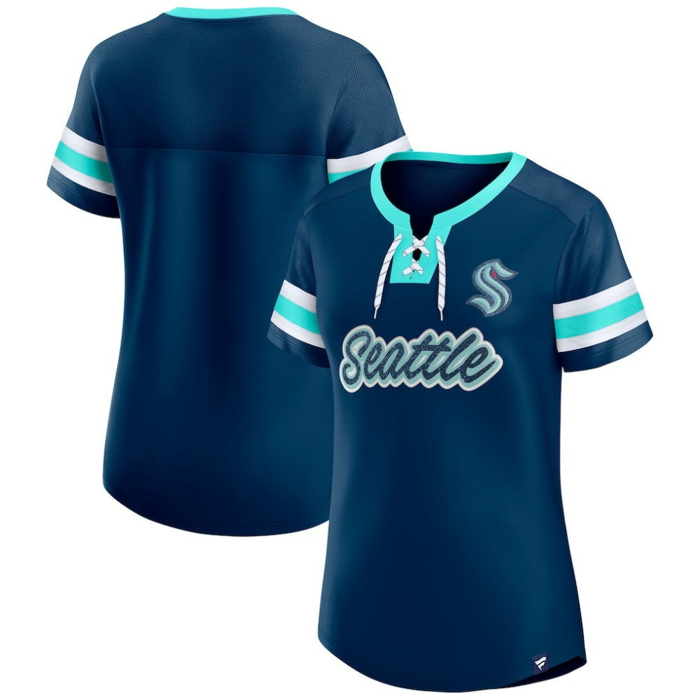 Seattle Kraken Fanatics Women's Iconic Athena Lace-Up T-Shirt Deep Sea Blue
