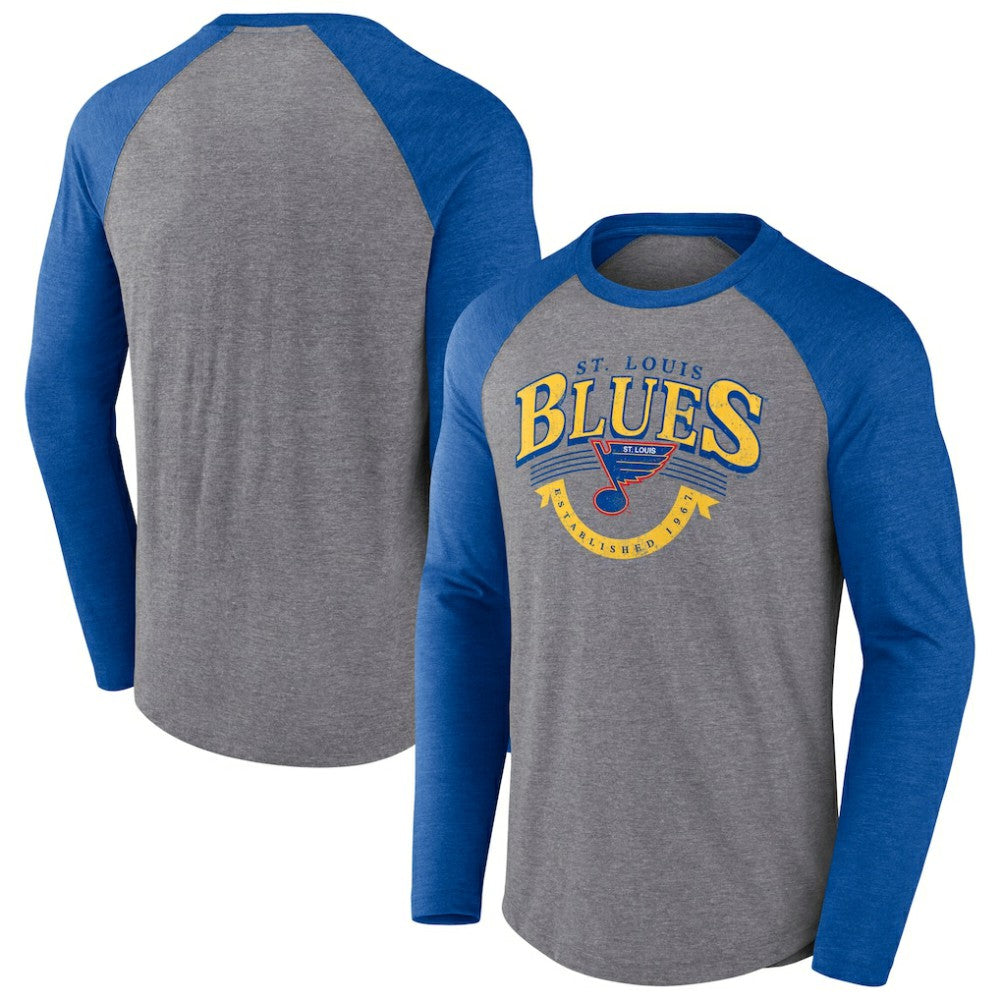 St. Louis Blues - Fanatics Goal Crease Raglan Tri-Blend Long Sleeve T-Shirt Heather Gray/Heather Blue